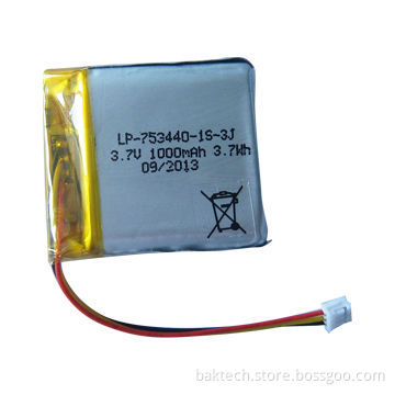 Li-polymer, 3.7V, 1,000mAh, 1S1P, Cell 753440 with PCM and 10K NTC, Lead Out Wires and Connector